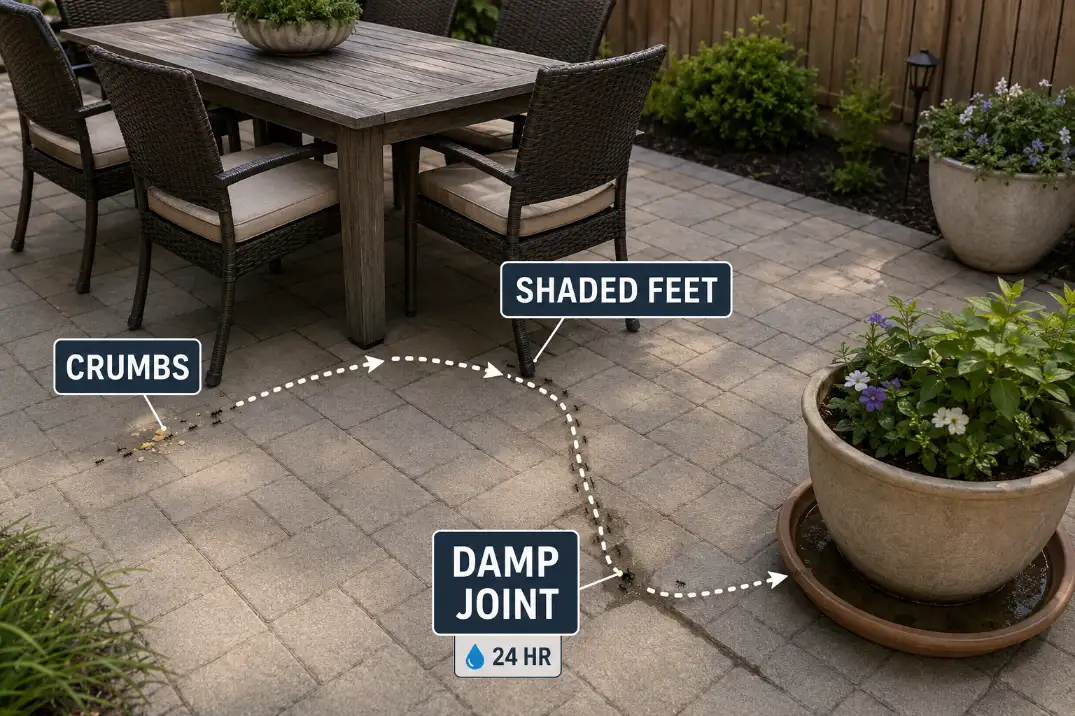 Diagram showing ants moving between patio crumbs, a damp paver joint, planter saucer, and shaded furniture feet.