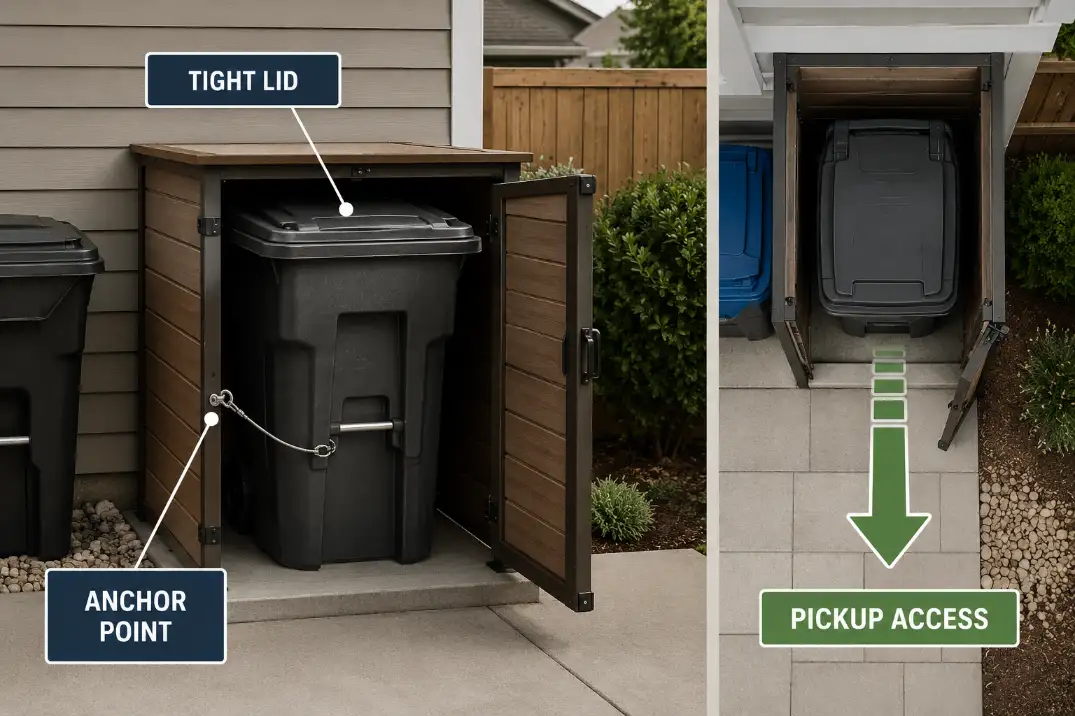 Diagram of raccoon-resistant trash storage showing a tight lid, anchor point, and pickup access in a backyard bin enclosure.