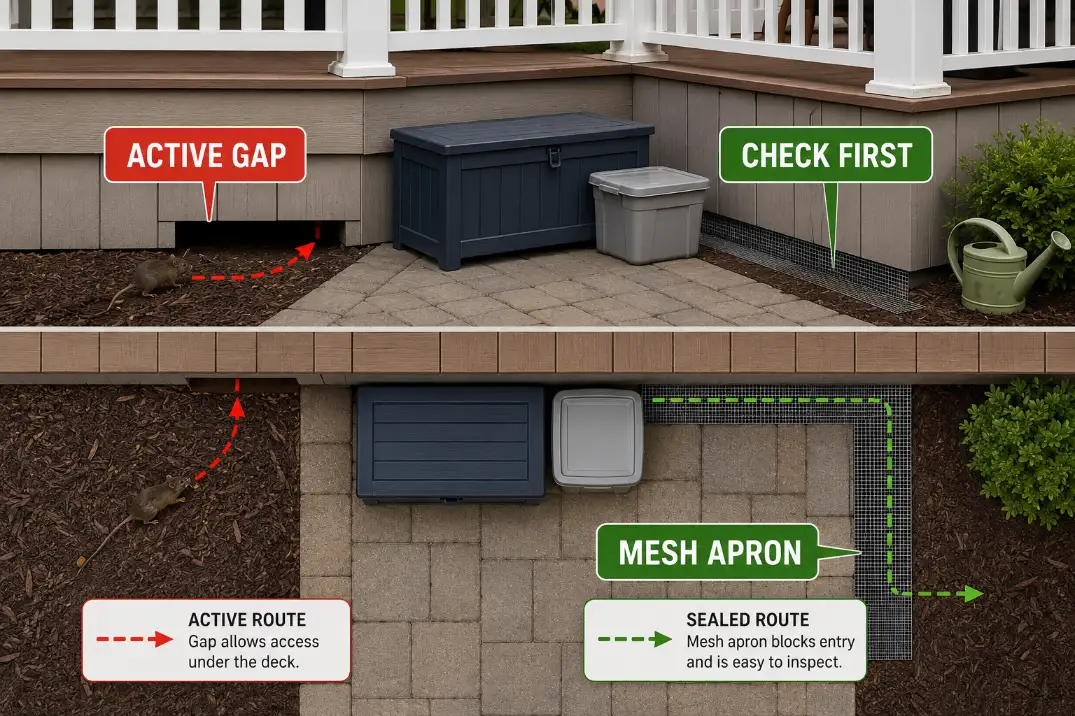 Diagram showing an active under-deck rodent gap, inspection step, and L-shaped mesh apron boundary near outdoor storage.