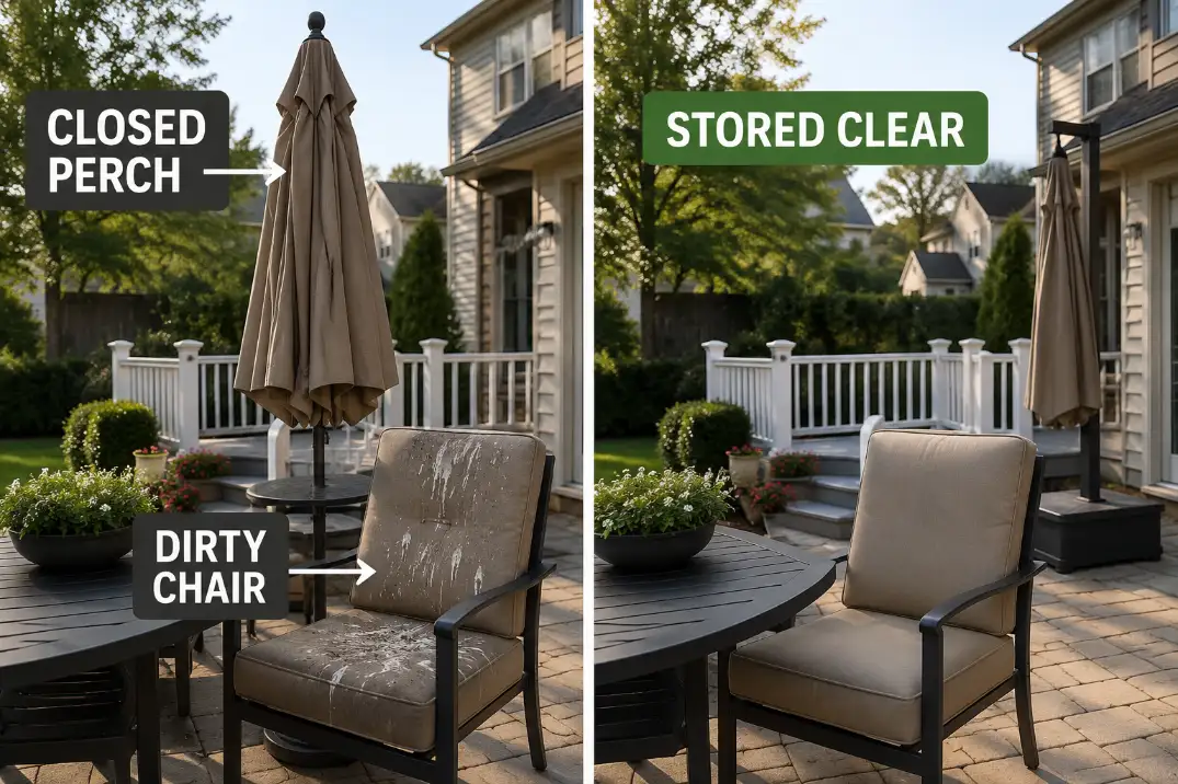 Comparison of a closed patio umbrella acting as a bird perch over a chair versus stored away from the seating zone.