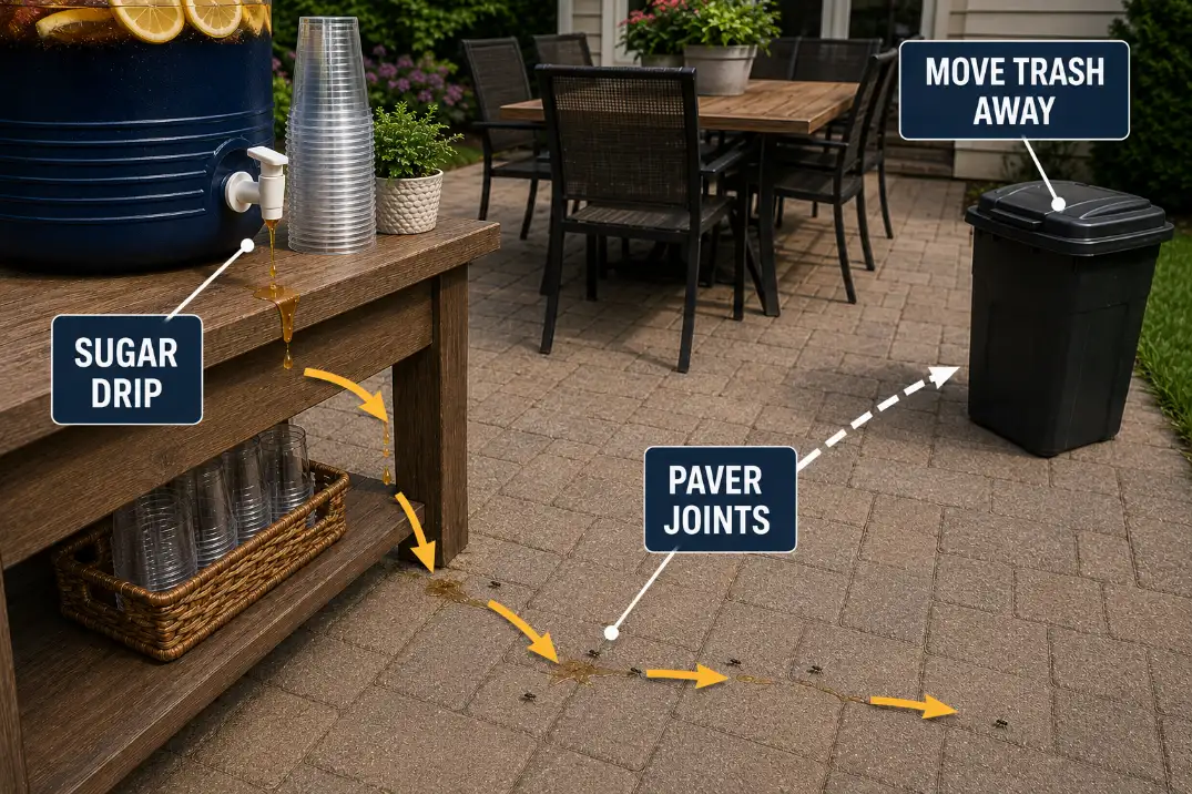 Diagram showing sugar drips from a backyard drink station collecting in patio paver joints and attracting flies.