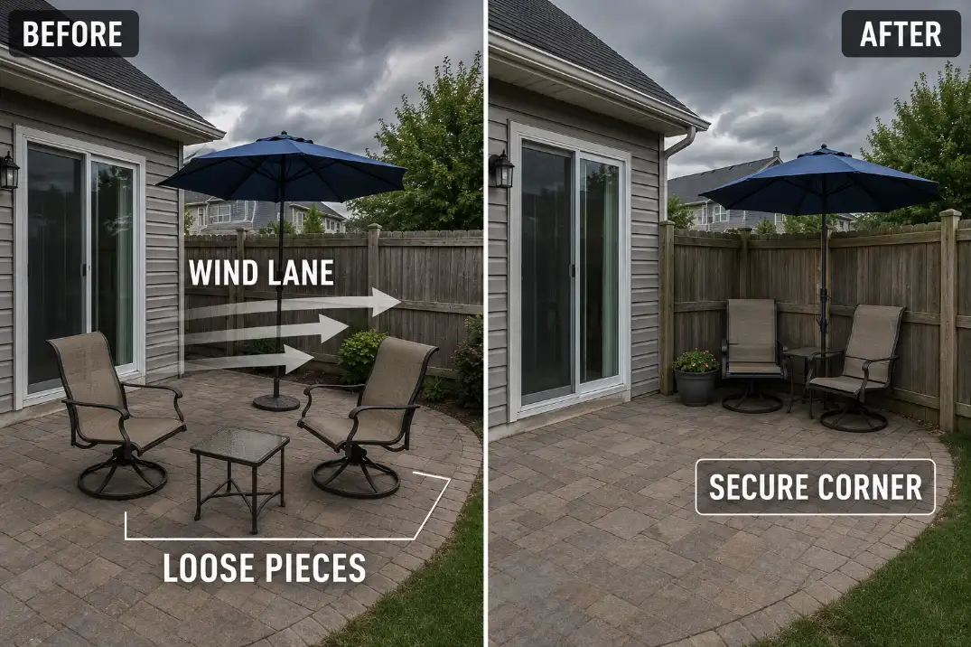 Before and after patio furniture setup showing loose pieces in a wind lane moved to a secure corner before storms.