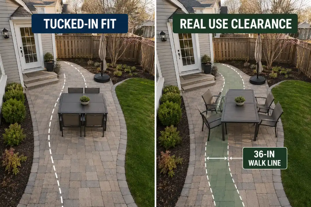 Before and after patio furniture placement showing tucked-in chairs versus real-use chair clearance with a 36-inch walking line.