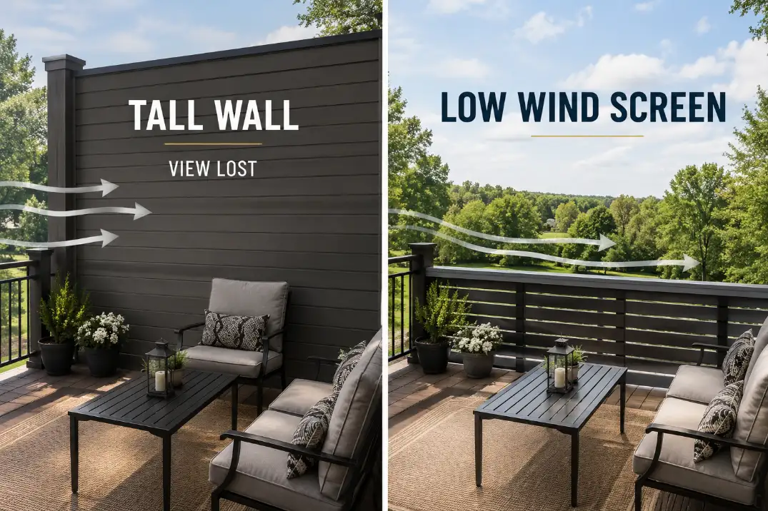 Comparison of a tall deck wall blocking the view and a low semi-open wind screen slowing air at seated height.