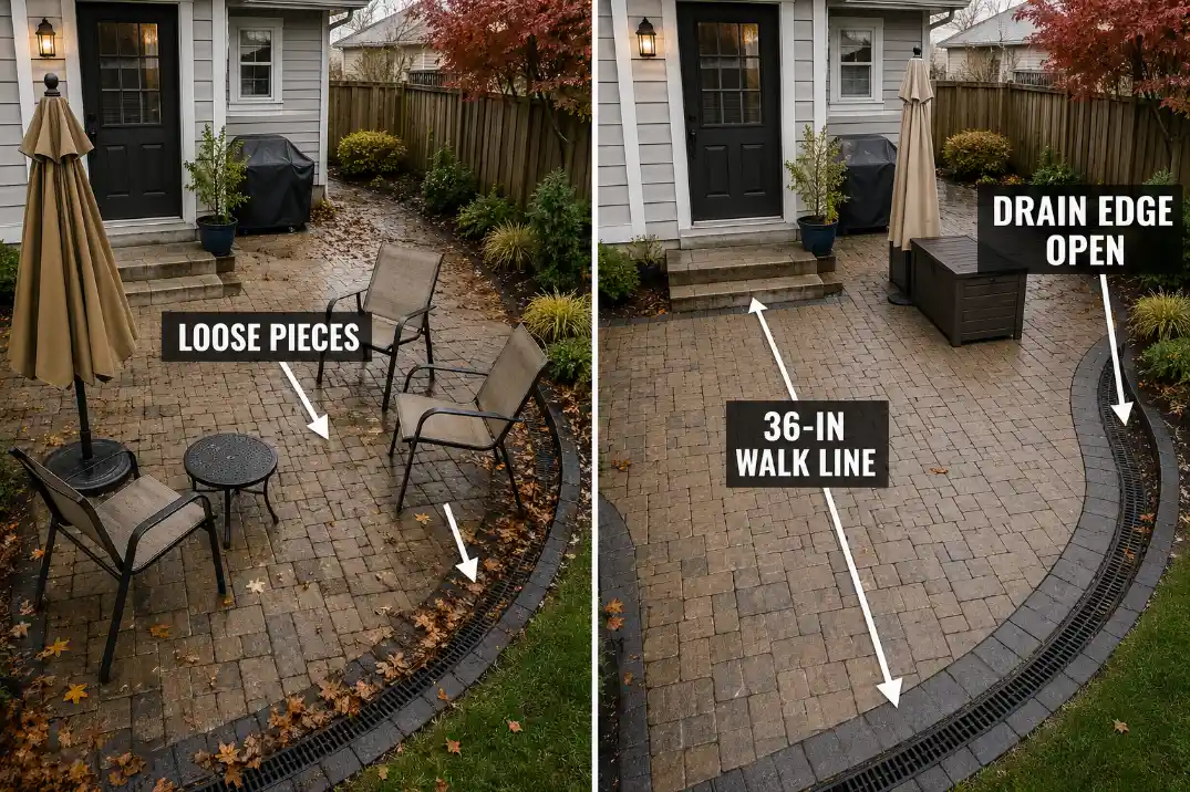 Before and after fall patio cleanup showing loose furniture moved away from the drain edge and 36-inch walking route.