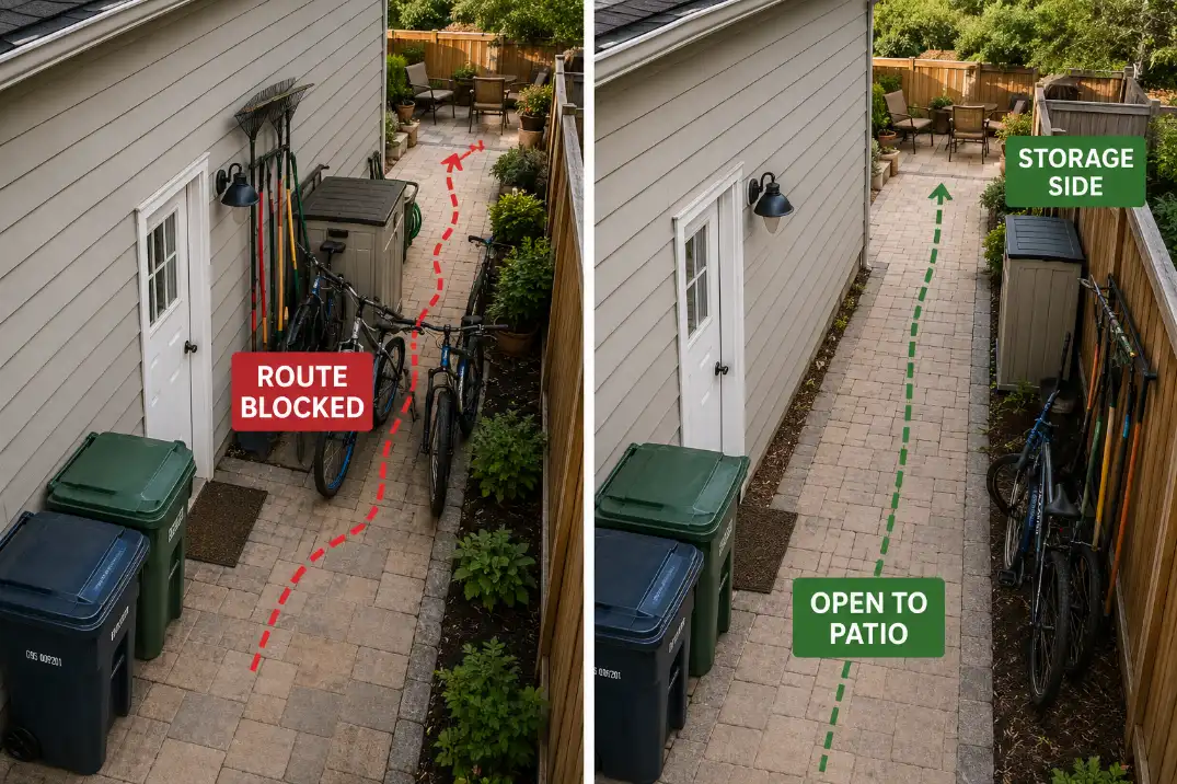 Before-and-after garage side path showing bins, bikes, and tools moved off the route to keep patio access open.