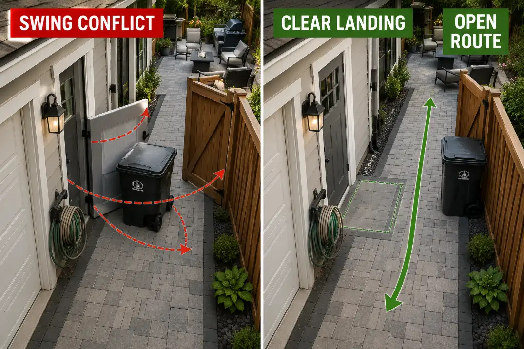 Before and after overhead view of a garage side door walkway showing swing conflict replaced by a clear landing and open route.