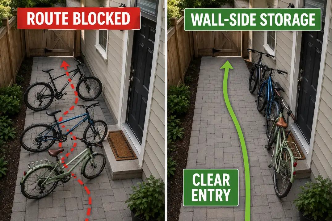 Comparison visual showing bikes blocking a home entry route before being moved to a wall-side storage zone with a clear path.