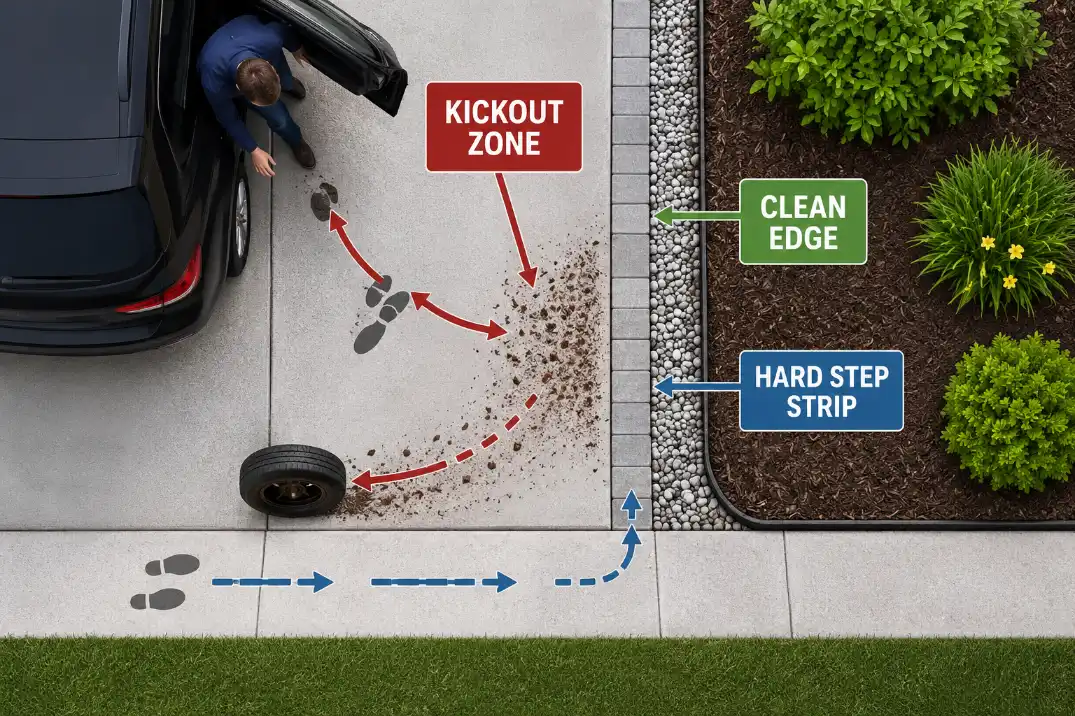 Driveway edge diagram showing mulch and gravel kickout controlled by a clean edge and hard step-out strip.