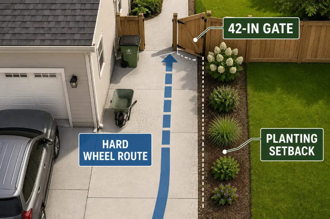 Overhead diagram showing a backyard access path from a driveway with a 42-inch gate, hard wheel route, and planting setback.