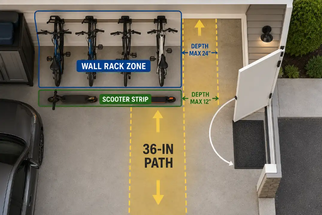 Overhead garage storage diagram showing wall bike rack depth and scooter parking kept outside a 36-inch entry path.