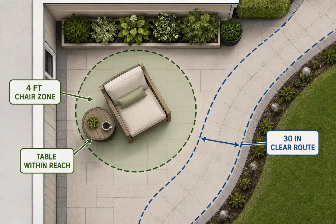 Overhead patio diagram showing outdoor reading chair clearance with a four-foot chair zone and thirty-inch walking route.