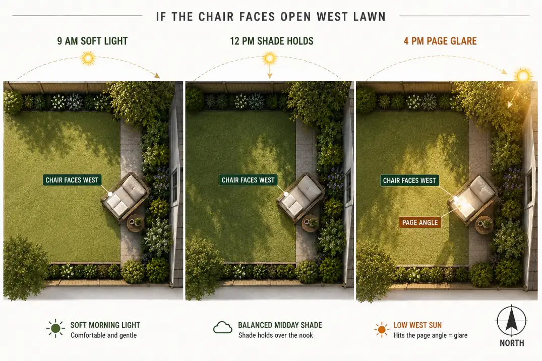 Backyard reading nook sun path diagram showing soft morning light and afternoon glare hitting the page angle.