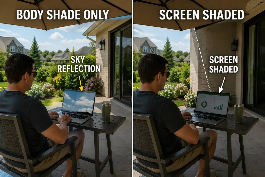Comparison of a patio laptop setup where body shade still causes sky reflection versus corrected screen shade.