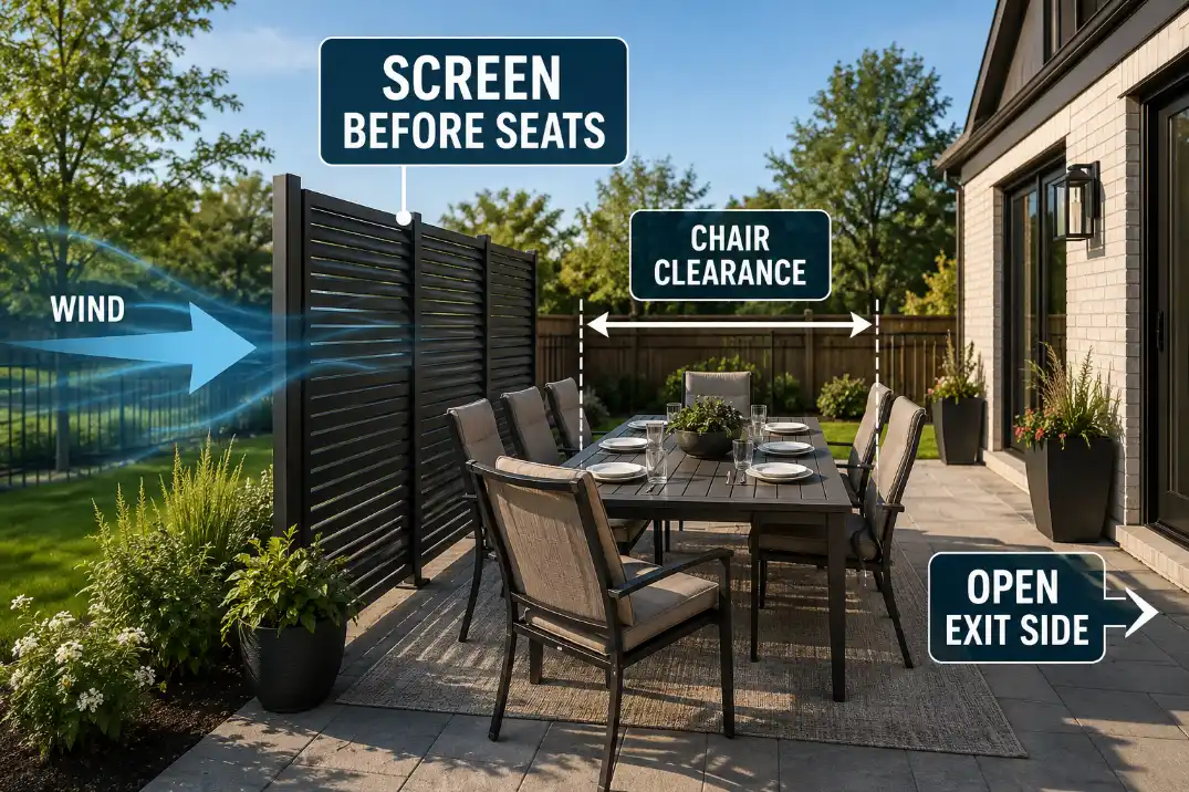 Correct patio wind screen placement on the windward side with chair clearance and an open exit side.