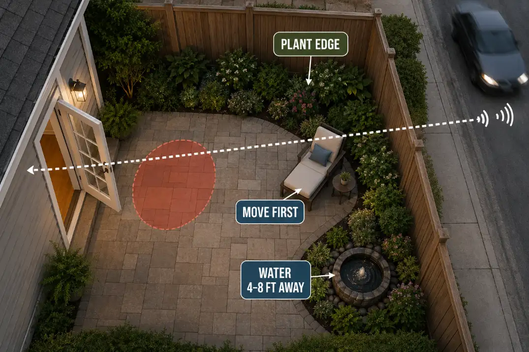 Overhead patio diagram showing seating moved away from noise before adding a plant edge and nearby water feature.