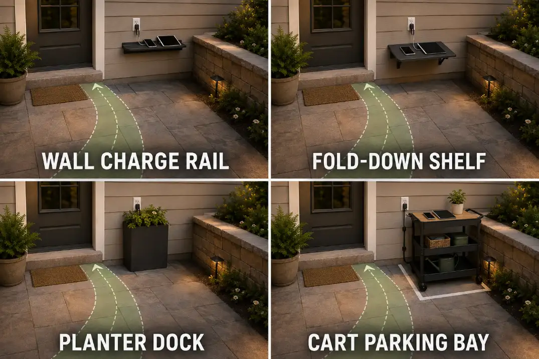 Four patio charging zone layouts using a wall console, side table, rolling cart, and shaded work corner with cords kept out of the path.