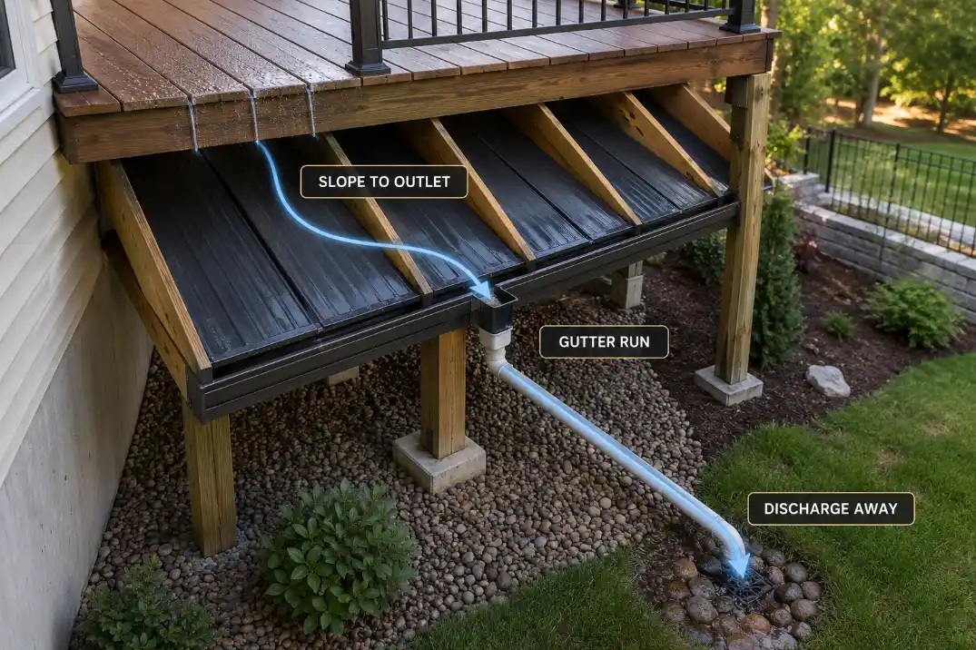Under-deck drainage diagram showing sloped panels carrying rainwater to a gutter and discharge path away from the house.