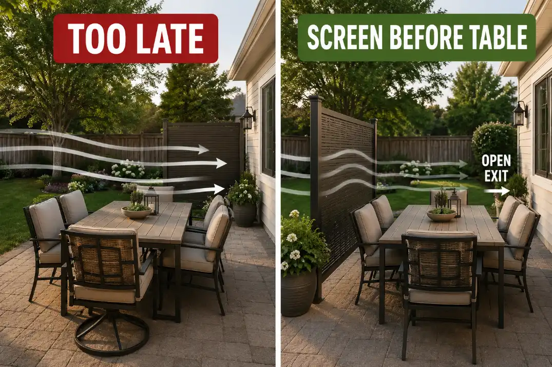 Comparison of wrong and correct wind screen placement around an outdoor dining table in a backyard.