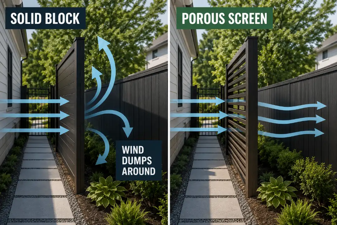 Comparison of a solid side yard screen forcing wind around the edge and a porous screen slowing airflow through a narrow passage.