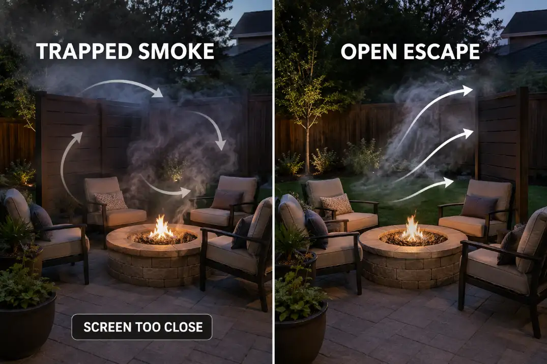 Comparison of a fire pit screen trapping smoke around seats versus an open escape side letting smoke leave the seating area.