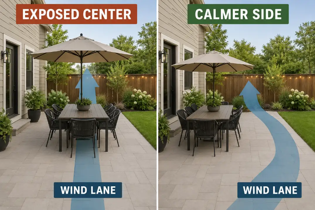 Comparison of a patio umbrella table centered in a wind lane versus shifted toward a calmer protected side.