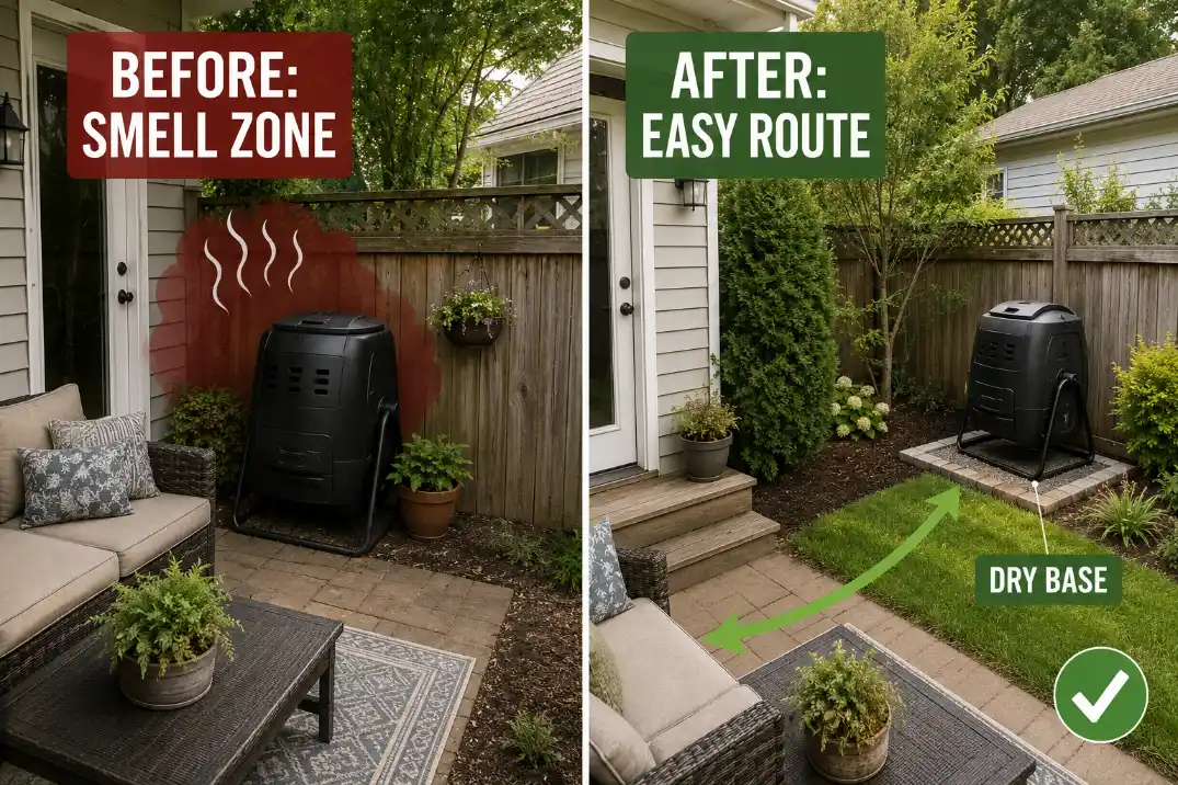Before and after compost bin placement in a small backyard showing a smelly seating-side corner changed to an open side route.