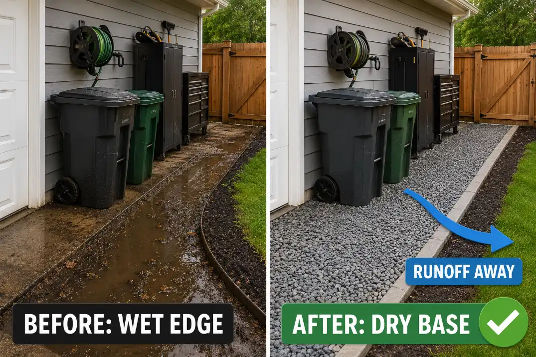 Before and after garage utility edge showing a wet storage strip changed into a dry base with runoff directed away from the garage.