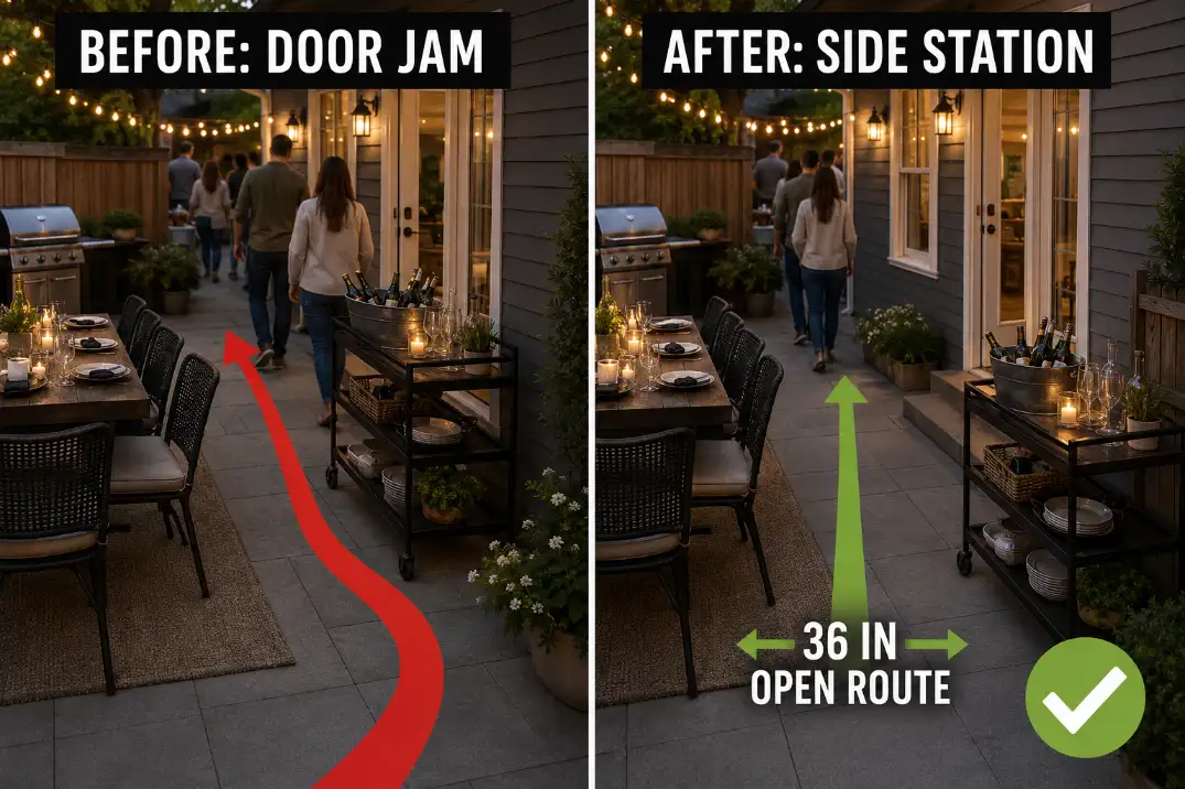 Before and after patio layout showing an outdoor serving cart moved from the back door pinch point to a side service station with a clear walking route.