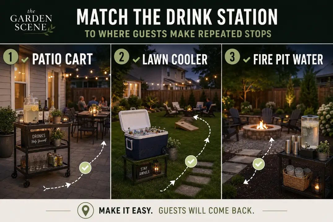 Three-panel backyard drink station selector showing a patio cart, lawn cooler point, and fire pit water stop for different guest traffic zones.