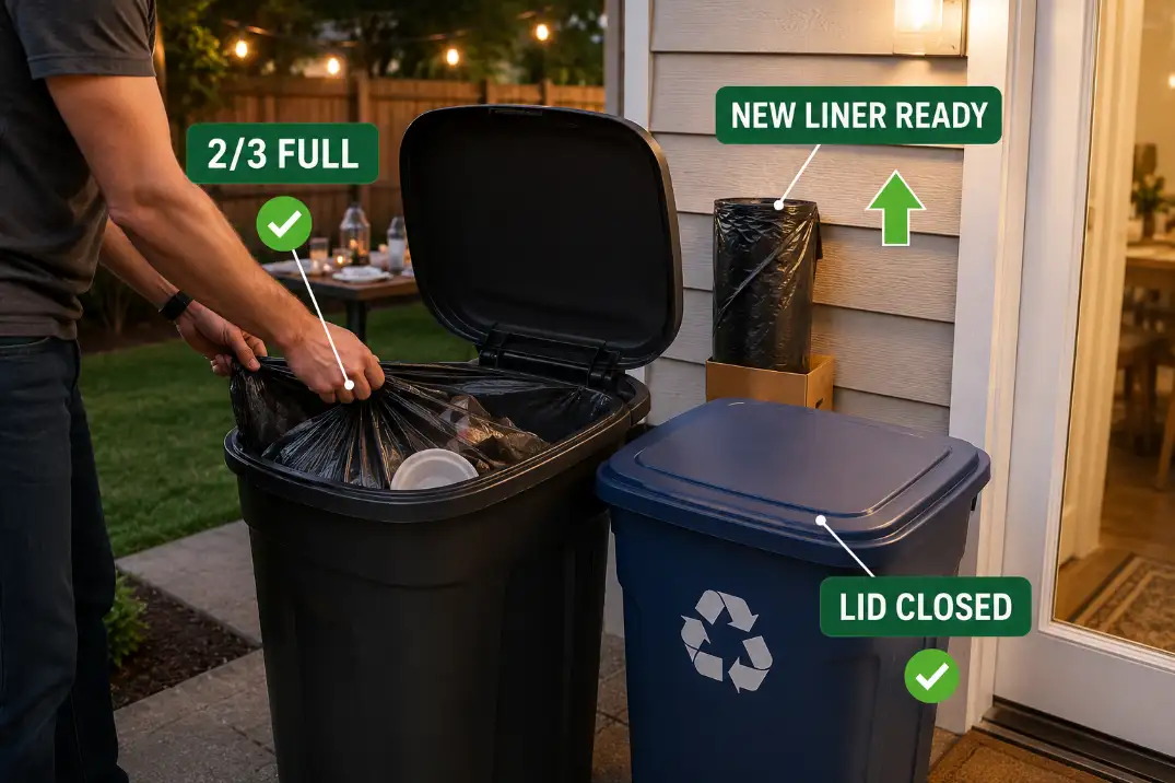Outdoor party trash station showing a two-thirds full bag, closed lid, and spare liner ready before overflow.