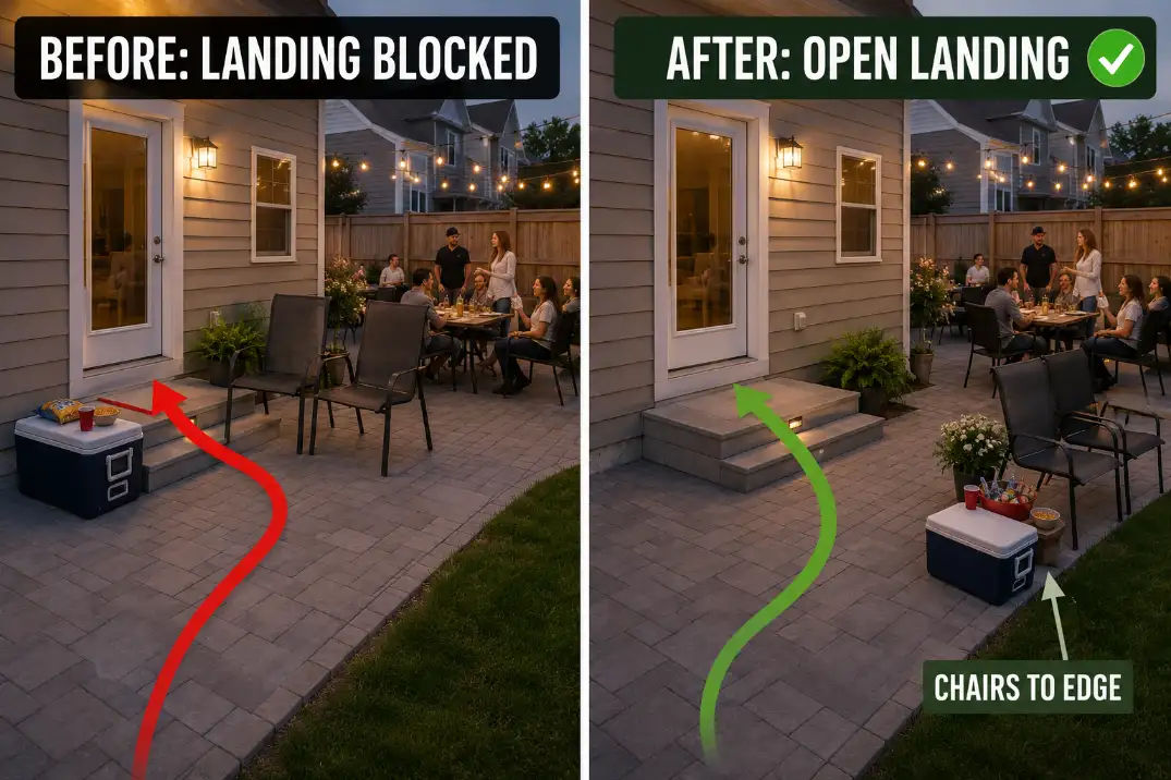 Before and after backyard patio view showing extra chairs and party items moved away from the door landing to restore a clear route.