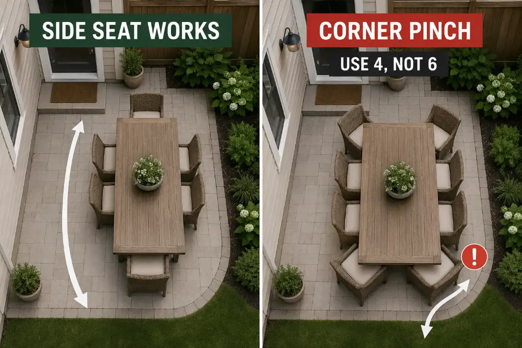 Comparison of outdoor dining side-seat clearance and a cramped corner-seat pinch point on a compact patio.