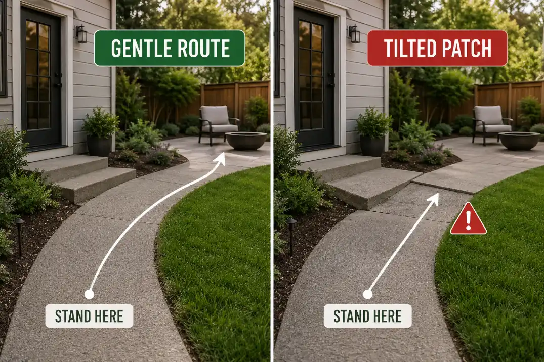 Four-panel accessible outdoor space idea graphic showing a clear route, supportive seat, raised planter, and lighted path edge.