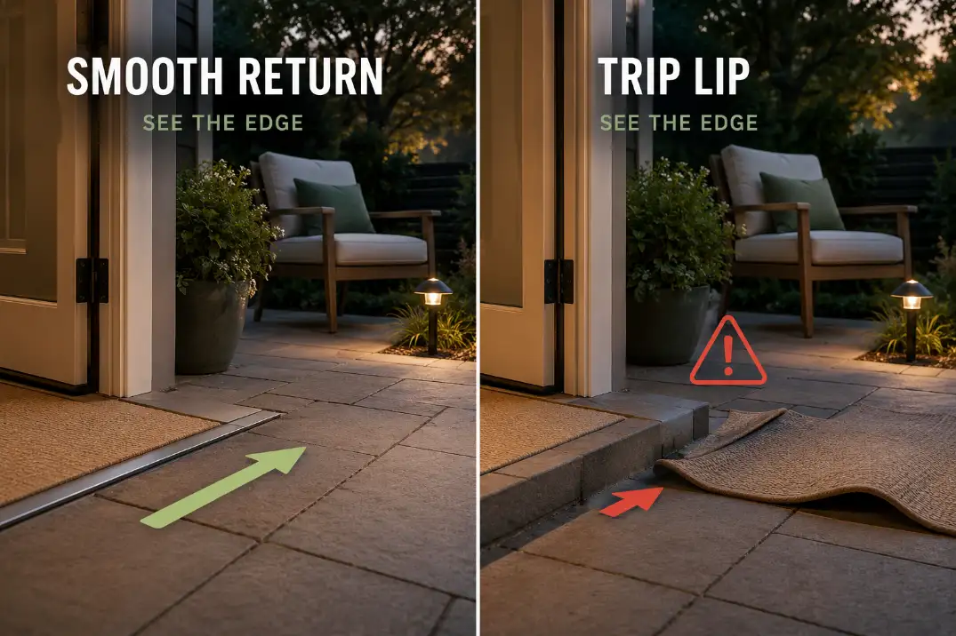 Comparison visual showing a smooth patio return route versus a raised lip and curled rug edge near the back door.