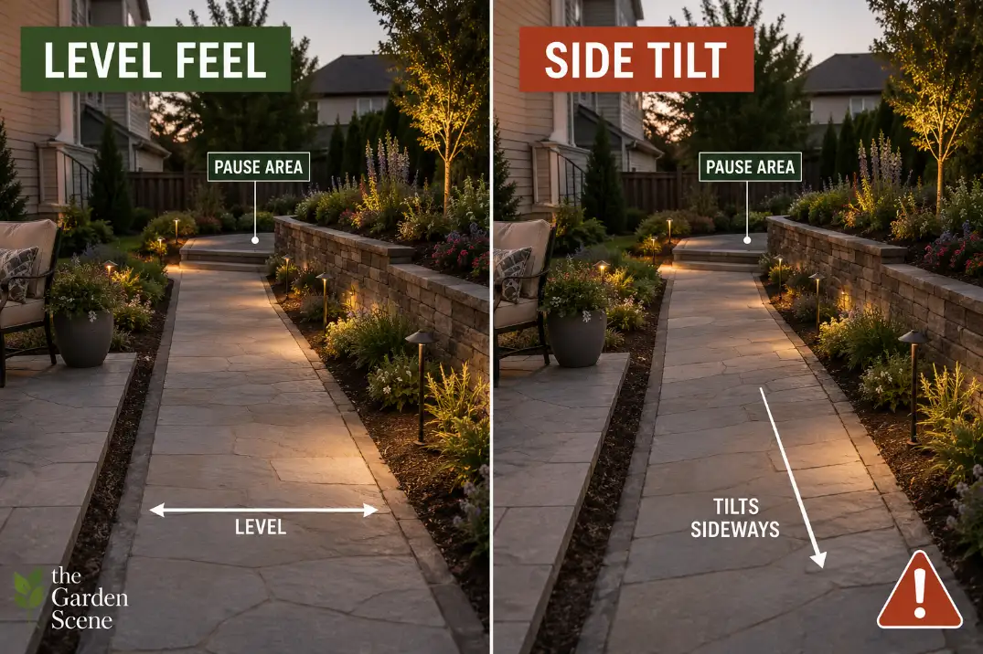 Comparison of a nearly level senior garden path and a sideways tilted path that makes walking feel less stable.