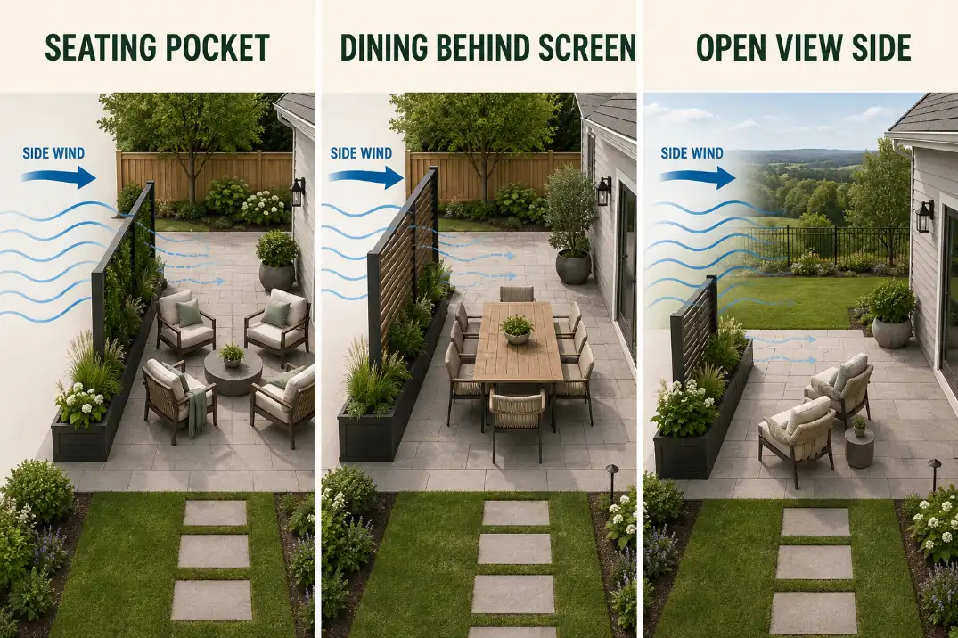 Three-panel windy patio layout diagram showing seating shelter, dining protection, and open-view side wind control.