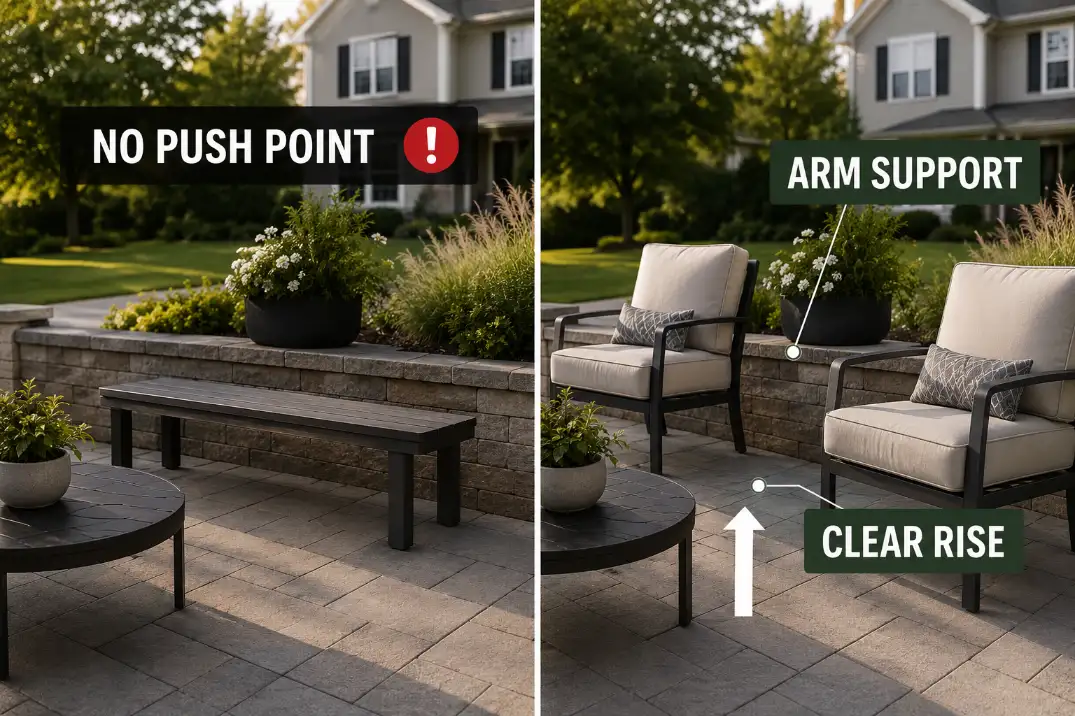 Comparison of a backless patio bench with no push point and outdoor chairs with arm support for easier standing.