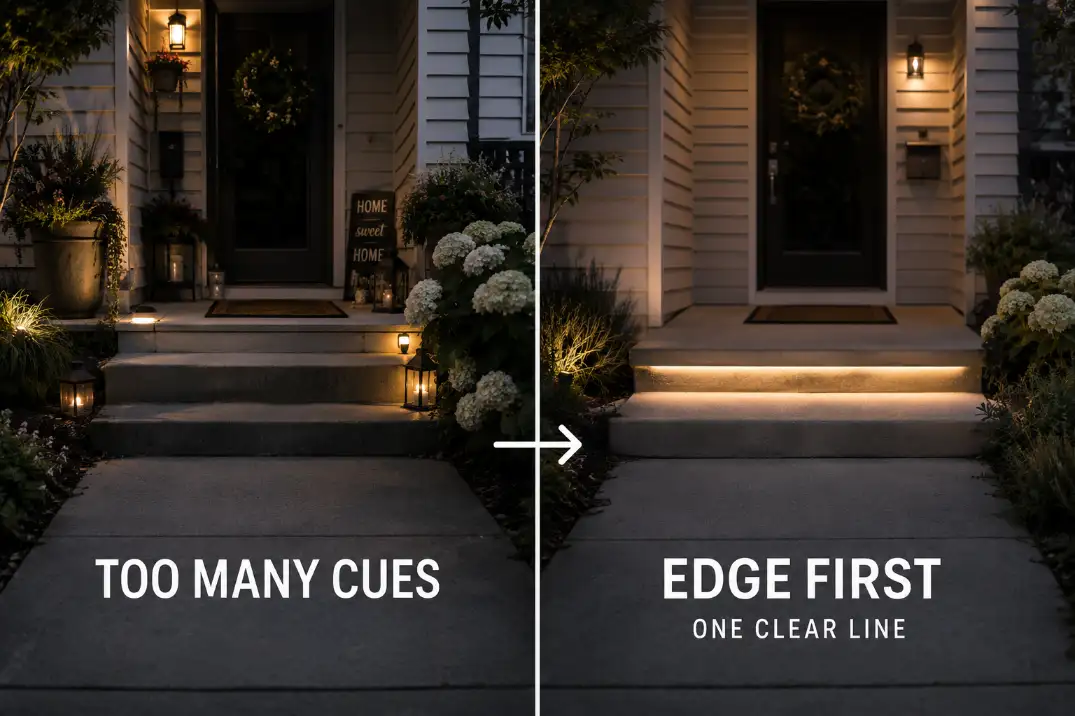 Comparison of an outdoor step with too many weak visual cues versus one clear edge line and better step visibility.