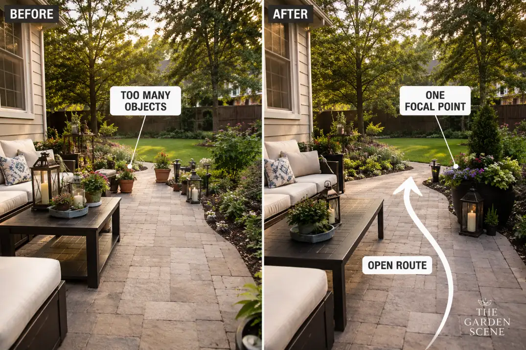 Before and after showing scattered garden decor moved into one edge-based focal point while keeping the patio route open.