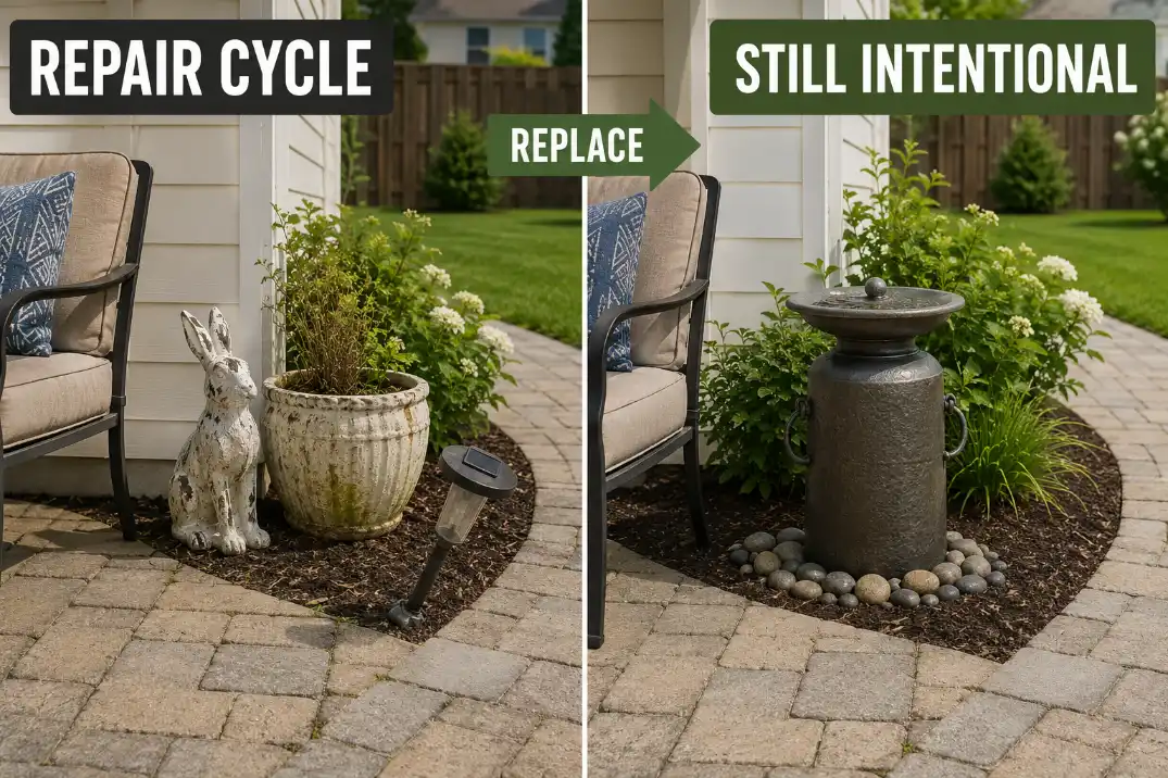 Before and after garden decor replacement showing faded unstable decor replaced by one durable outdoor feature.