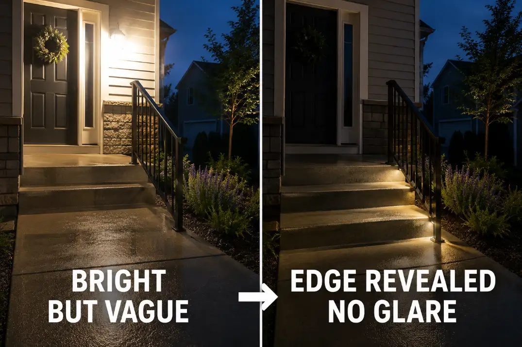 Dusk comparison showing glare from a bright porch light versus low directed lighting that reveals the front step edge and handrail start.