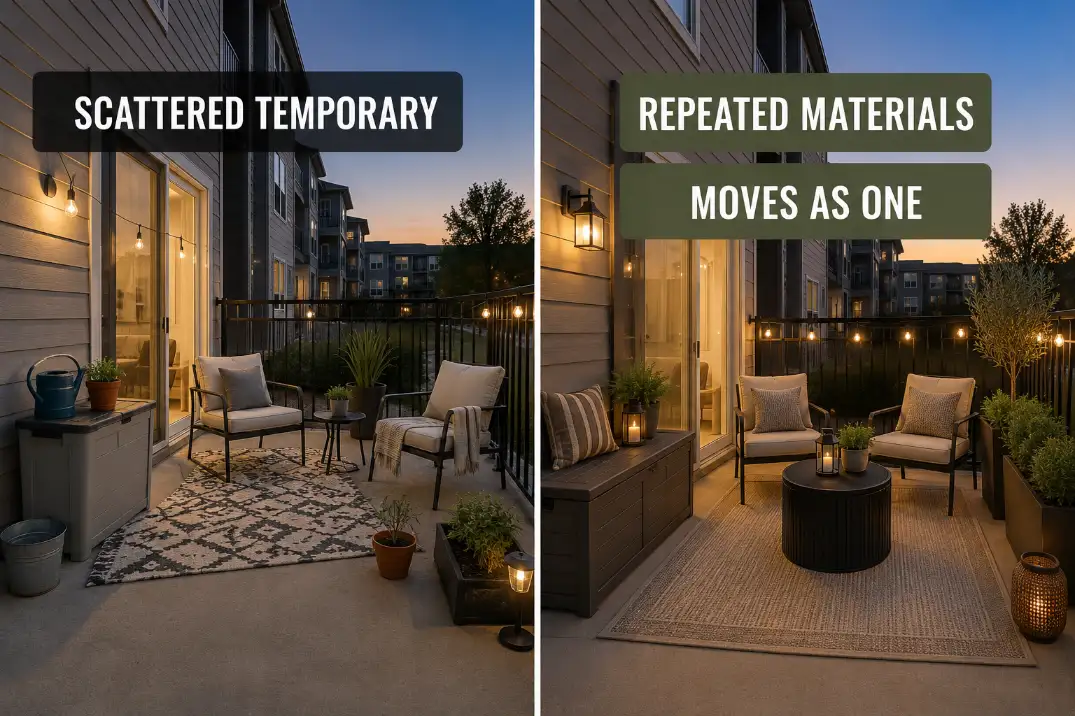 Comparison of a rental patio with scattered temporary items versus a finished removable setup using repeated materials and grouped pieces.