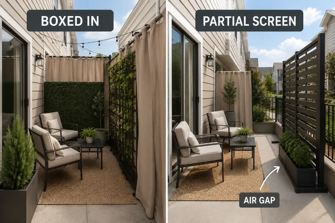 Comparison of a small patio boxed in by too many temporary privacy pieces versus partial screening with open air gaps.