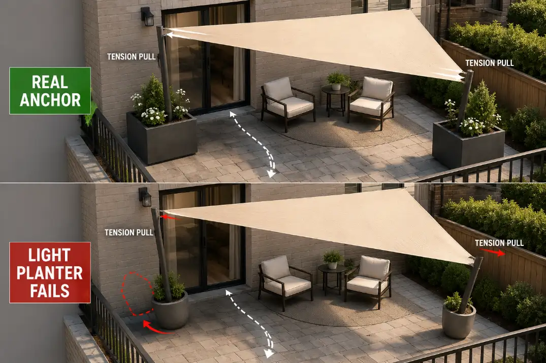 No-drill shade sail diagram showing stable planter-post anchors, weak light planters, and fabric tension pulling across a small patio.