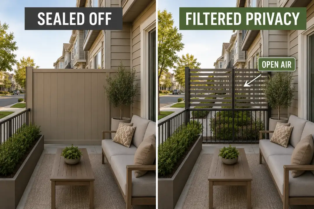 Comparison of a sealed-looking HOA patio privacy setup versus filtered privacy with planters and a slatted screen that keeps the patio open.