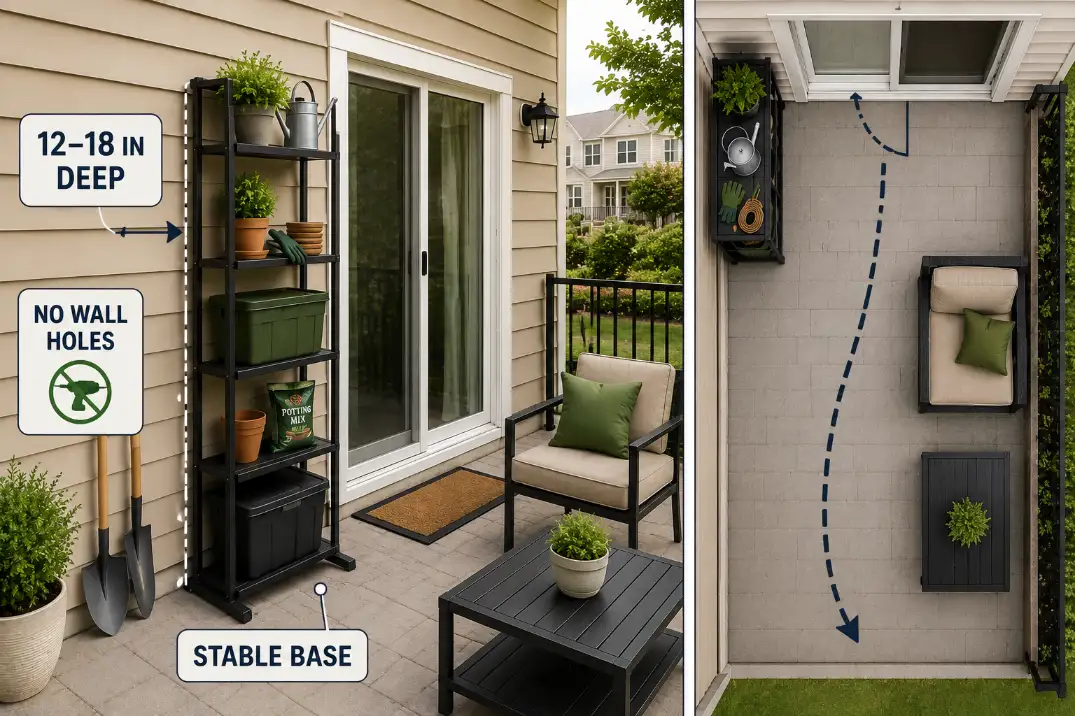 Diagram of shallow freestanding vertical outdoor storage keeping tools organized without mounting and leaving the patio door route open.