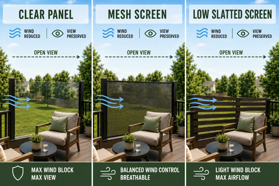 Three deck wind screen material options comparing clear panel, mesh screen, and low slatted screen for wind control without losing the view.