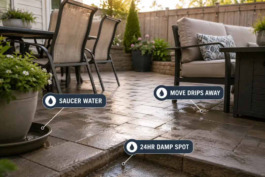 Patio dining edge with damp paver corner, planter saucer water, and cooler drip area showing standing water pest pressure.