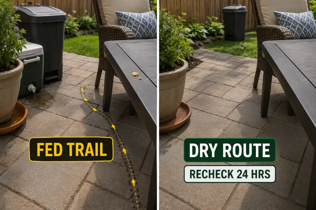 Before and after patio cleanup showing an ant trail fed by crumbs and moisture versus a dry cleaned paver route.